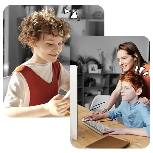 LRS-Therapie, Lese-Rechtschreib-Schwäche. Bild zeigt jeweils einen Jungen, ca. 9-11 Jahre alt, die an Desktop PC oder Tablet arbeiten, begleitet durch Frau, die ggf. Therapeutin oder Logopäding ist.