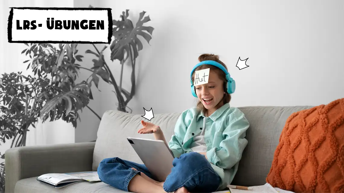 Ein Mädchen sitzt mit Kopfhörern und großem Tablet auf dem Sofa. Sie hat ein Post-it auf die Stirn geklebt, auf das sie "Hut" geschrieben hat. Sie unterhält sich mit jemandem über die Kamera des Tablets.