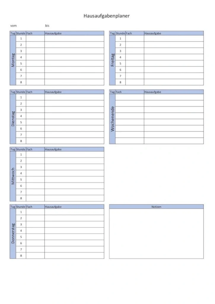 Beispiel für einen Hausaufgabenplaner, der Struktur innerhalb der Planung und Umsetzung der Hausaufgaben schaffen kann.