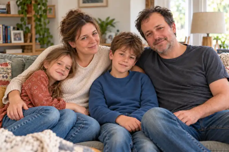 Familie mit Sohn und Tochter sitzt entspannt auf dem Sofa