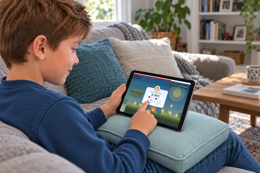 Junge übt mit einem Lernspiel auf dem Tablet