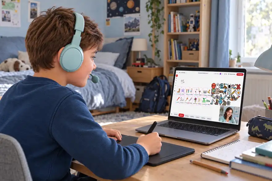 Junge bei der Online-Lerntherapie am Laptop mit Zeichentablett