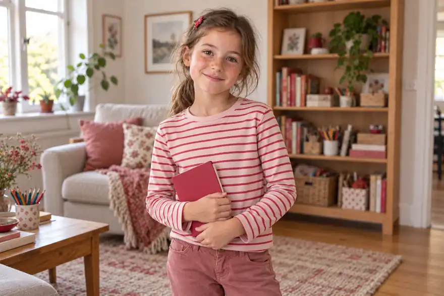 Lächelndes Mädchen mit Buch im Wohnzimmer