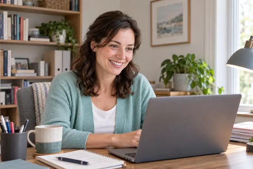 Lerntherapeutin bei der Online-Sitzung am Laptop